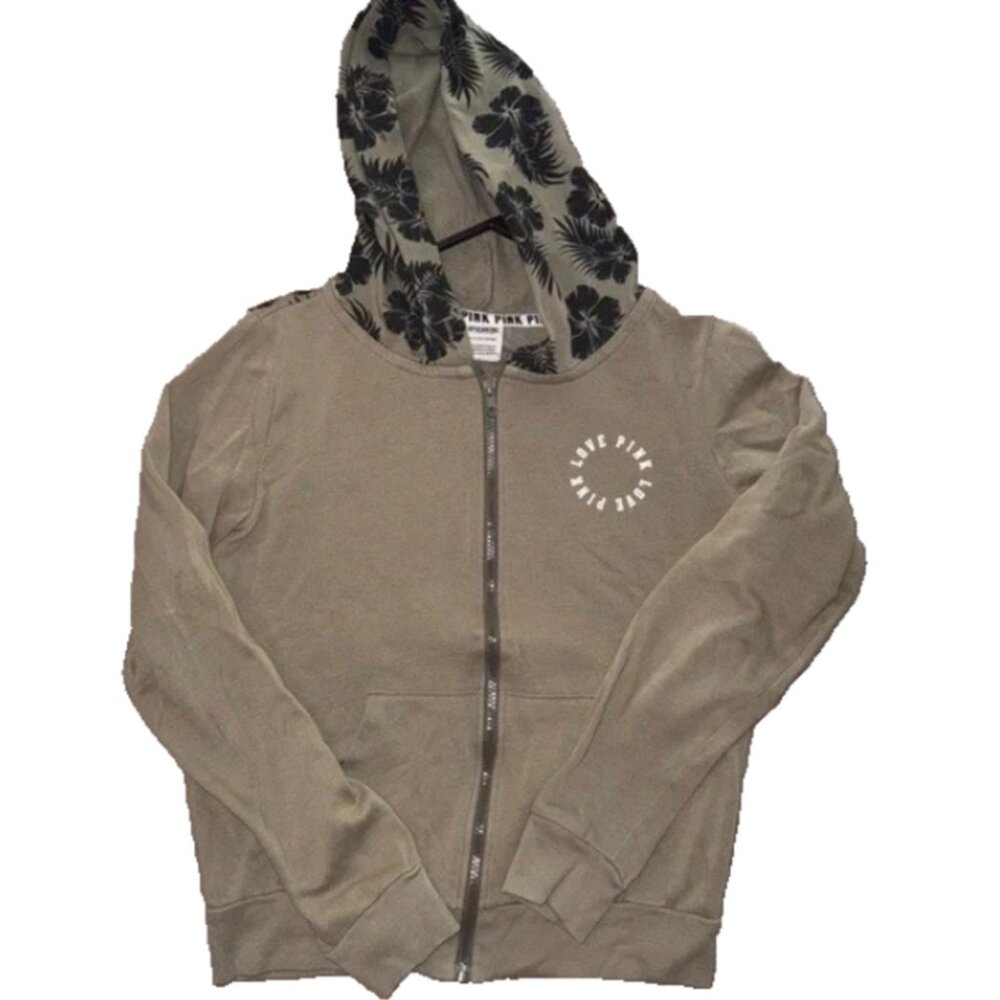 Victoria’s Secret PINK Olive Green Floral Hood Zip Hoodie Size Small